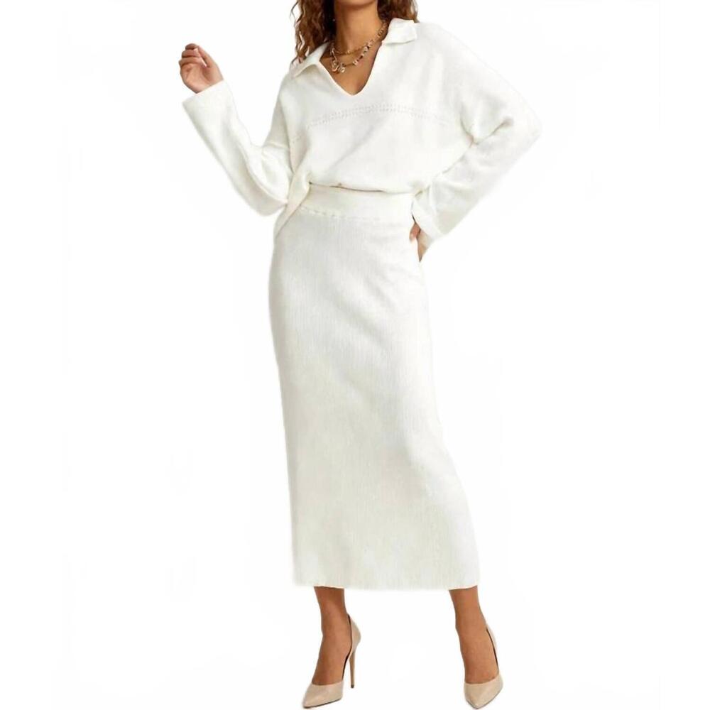 NEW SWEETKAMA evangeline knit top & midi skirt set in white